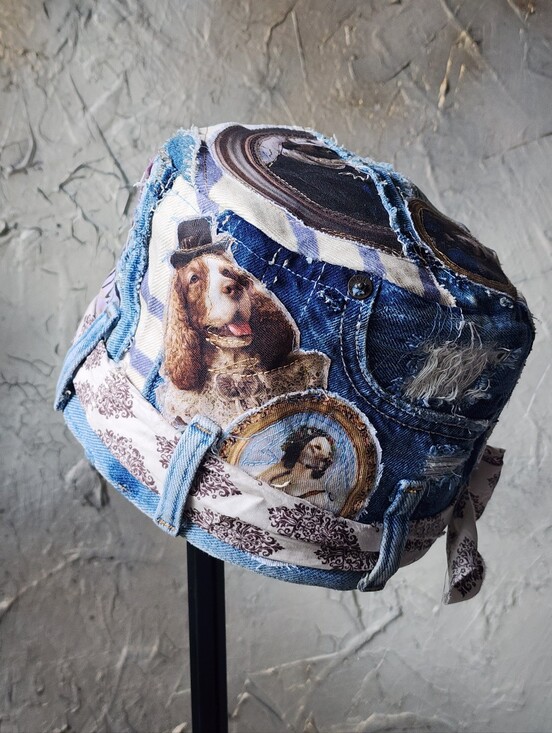 Designer Top Hat Upcycled Raw Patched Dog Cameo Gold Frame Artisan Hat main image 9